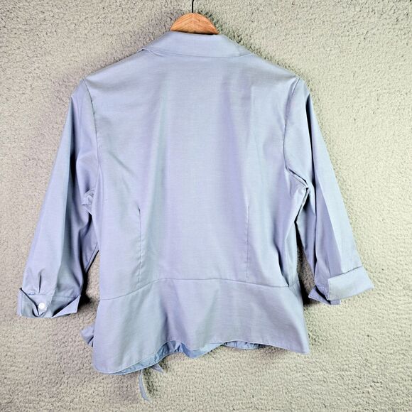 Coldwater Creek Womens Blouse PL Light Blue Wrap Tie Flipped Cuffs Popped Collar - Picture 2 of 14